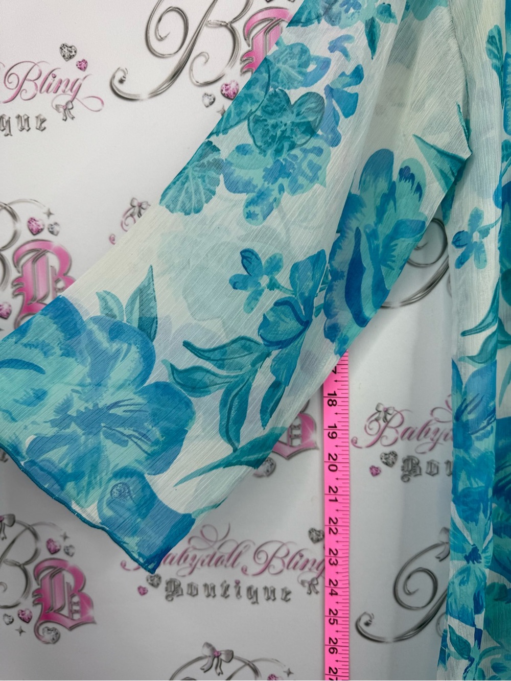Double Decker coverup mini dress. Ranch Teal Floral V-Neck Sheer beaded - Picture 6 of 9